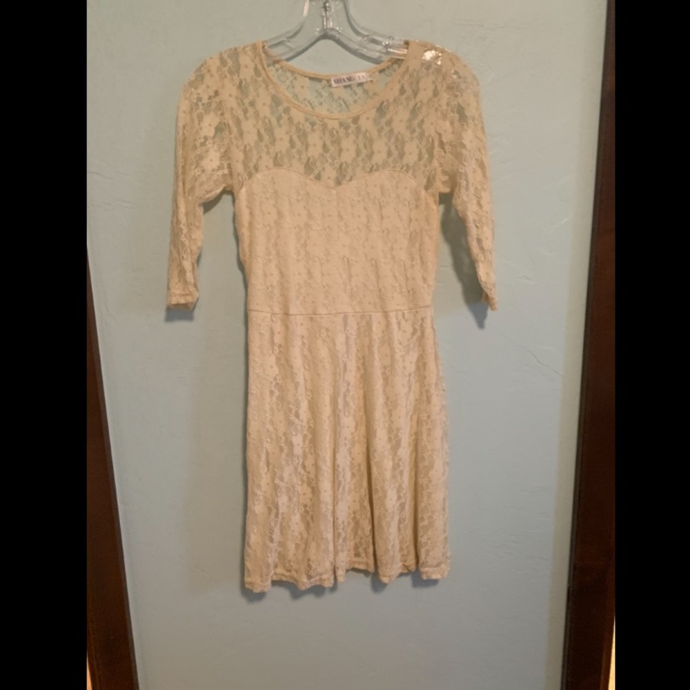 White Lacy 3/4 Sleeve Midi Dress
